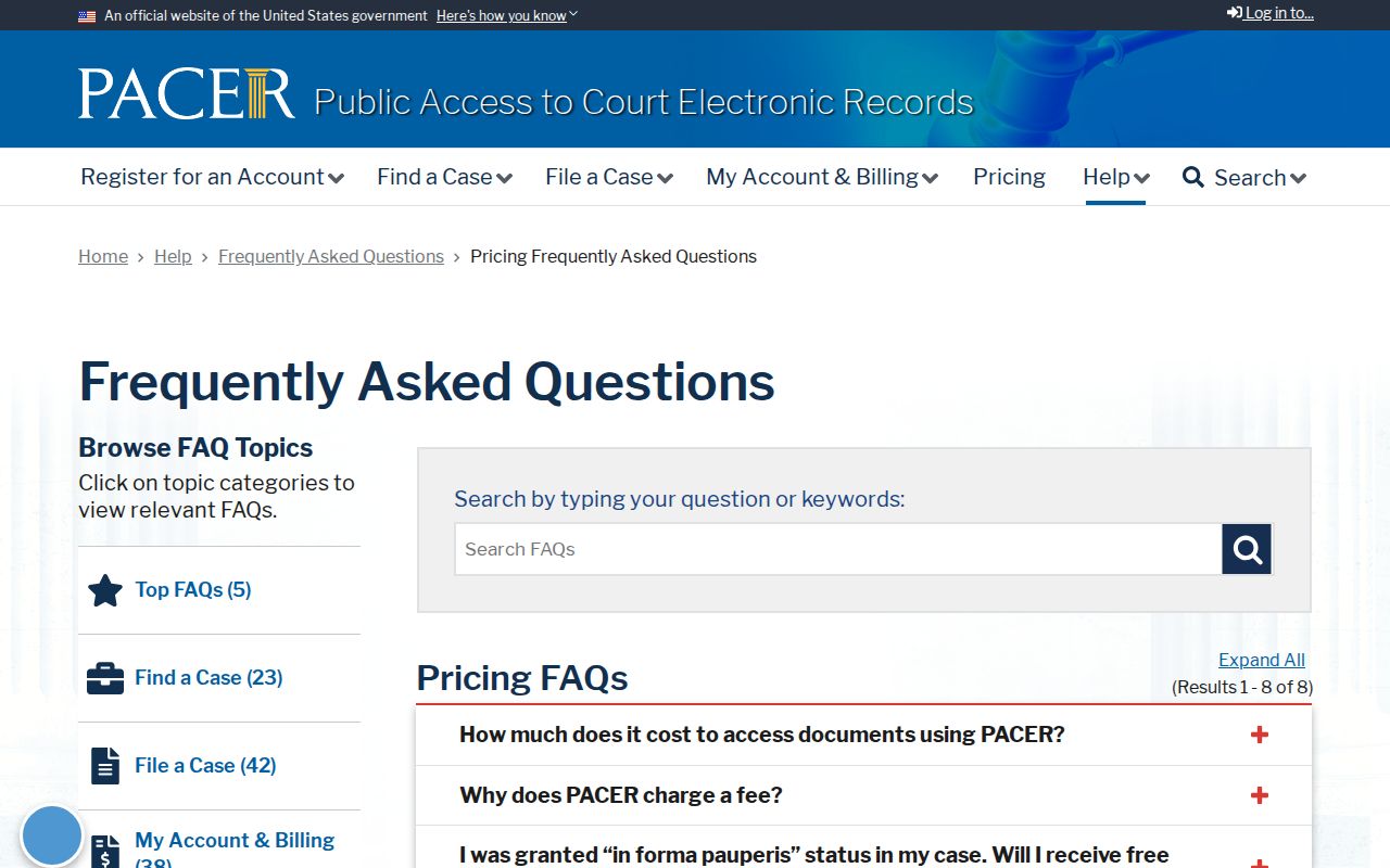 Catahoula case search PACER federal access pricing