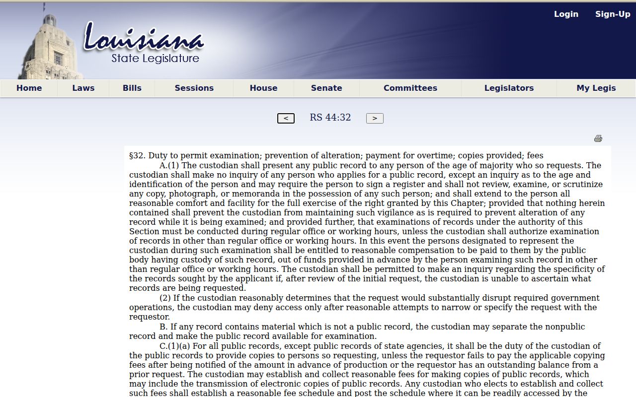 Catahoula court records Louisiana Revised Statutes 44 32 custodian procedure