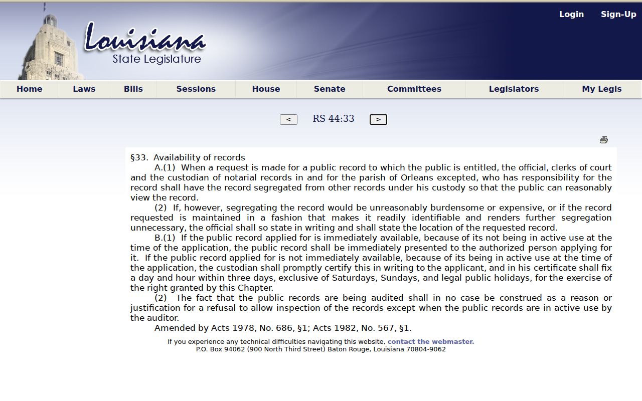 Catahoula court records Louisiana Revised Statutes 44 33 response timing