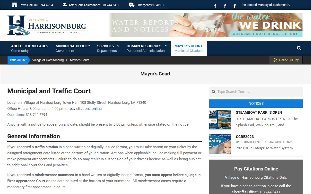 Catahoula Parish traffic court records Harrisonburg Mayor's Court instructions