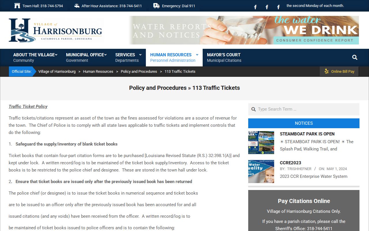 Catahoula Parish traffic court records Harrisonburg ticket-entry policy